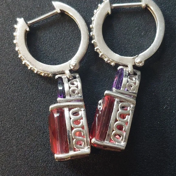 Red spinel and amethyst platinum plated earrings - Picture 3 of 6